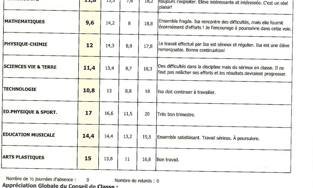 french grade report - an example of grade report of an exchange student in France